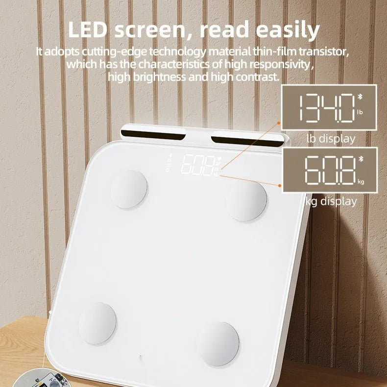 White professional 8-electrode smart body fat scale with tempered glass platform and LED display.