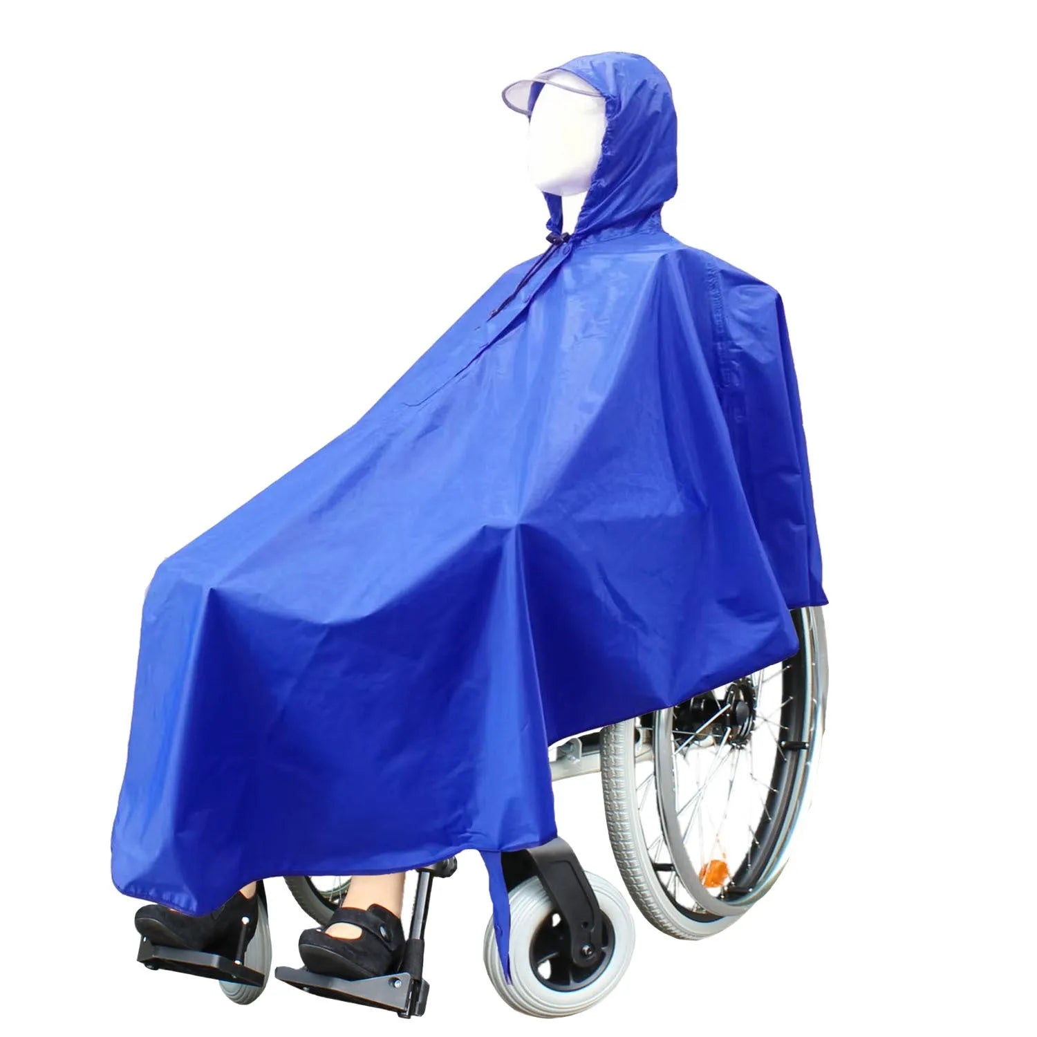 Navy blue waterproof reflective wheelchair raincoat with hat brim, free size cape style