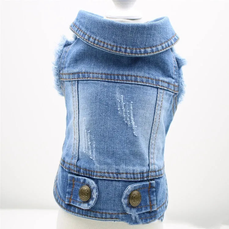 Retro scratch pattern denim dog vest in dark and light wash colours on a mannequin, showing vest style.