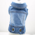 Retro scratch pattern denim dog vest in dark and light wash colours on a mannequin, showing vest style.