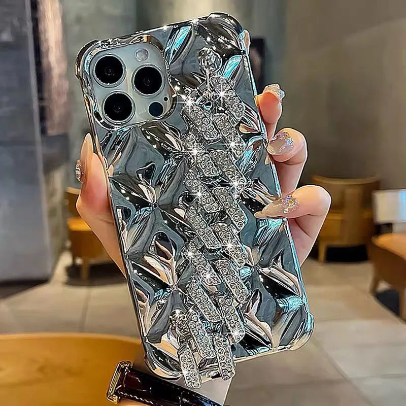 Silver iPhone case with a connected chain bracelet and a flash diamond lock clasp.
