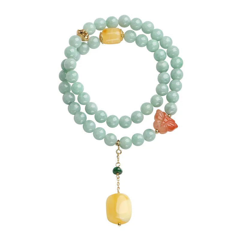 Double-layer jade and beeswax bracelet with hanging barrel beads and retro geometry design