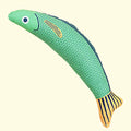 Soft plush saury fish cat toy with catnip filling and crinkle sounds in green colour