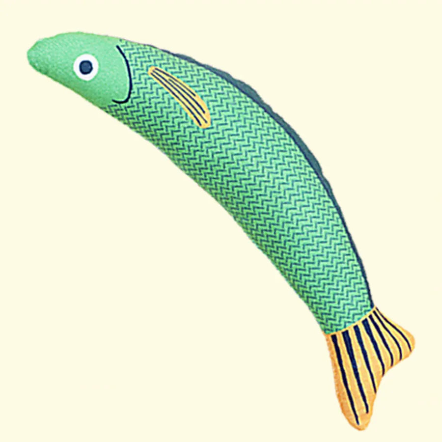 Soft plush saury fish cat toy with catnip filling and crinkle sounds in green colour