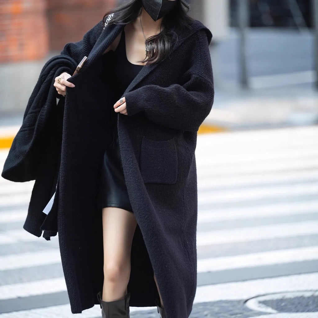 Long grey knitted cardigan coat with hood and trench coat design