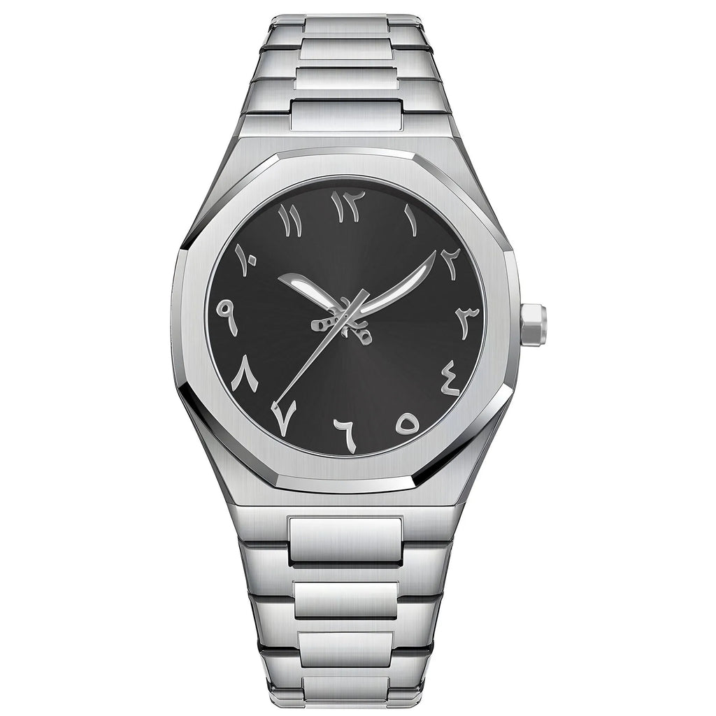 Men's business casual quartz watch with steel belt strap and 10mm thick case in black and silver colour options.