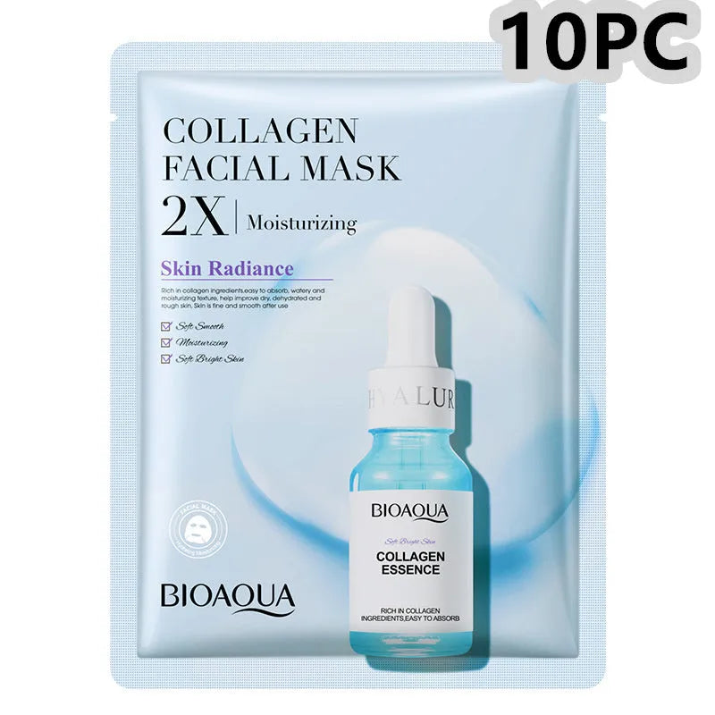 Collagen face sheet mask with 30g gel formula showing hyaluronic acid and Centella Asiatica variants
