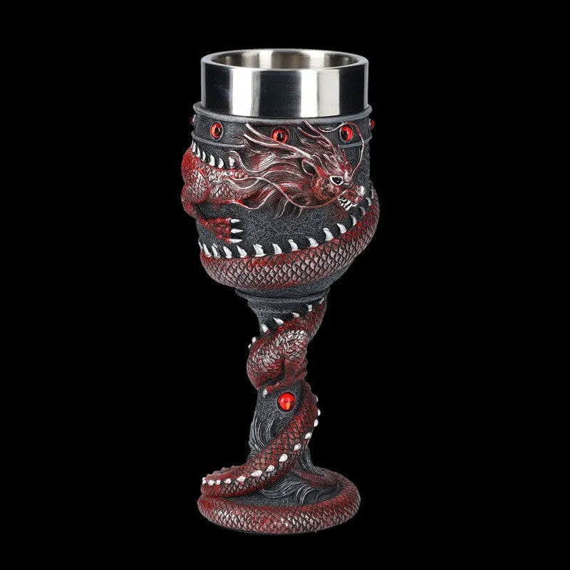Chinese dragon 3D wine glass with resin ornament on stainless steel stem, 200ml capacity in gold colour