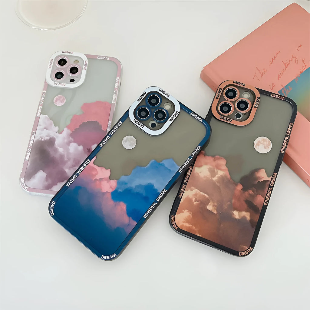 Sunset cloud design TPU protective back cover case for iPhone on a table.