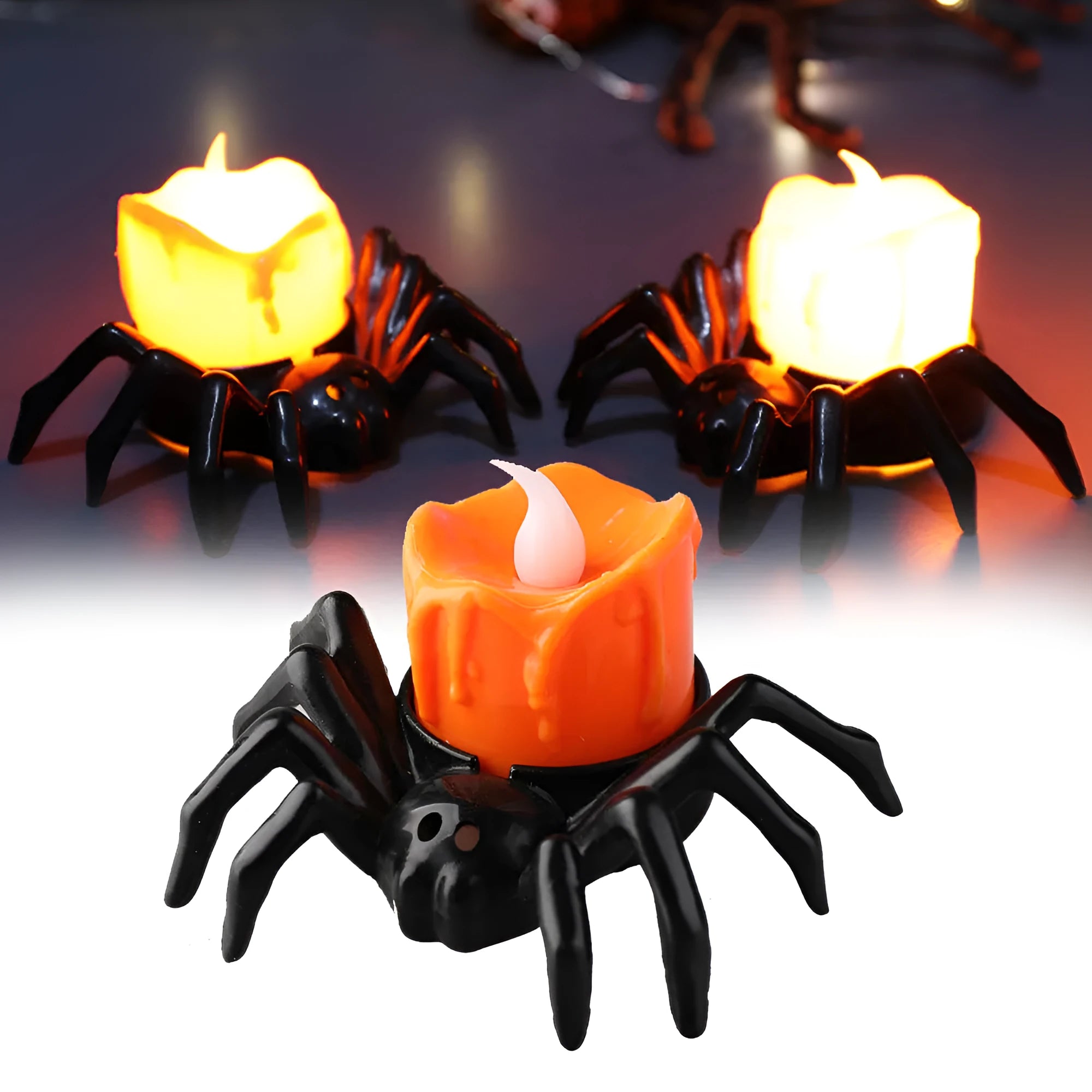 Plastic Halloween spider candlestick ornament with battery-operated lights