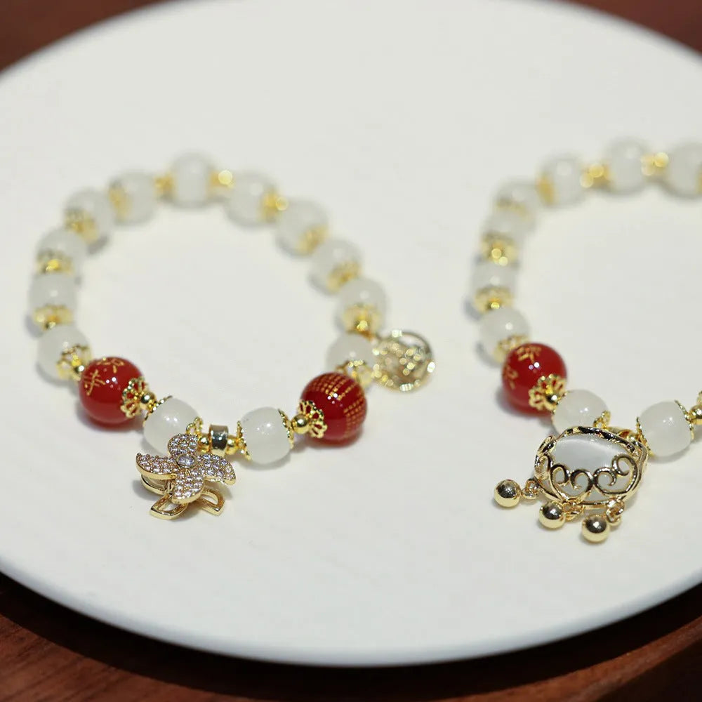 Women's Chinese-style coloured glaze bracelet with fugui safety lock and windmill glass charms