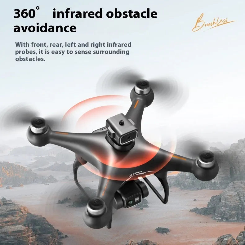 Black HD brushless quadcopter drone with four propellers, remote control, and battery on a white background.