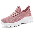 Men's white Flyknit running sneakers with thick PVC sole and lace-up front.