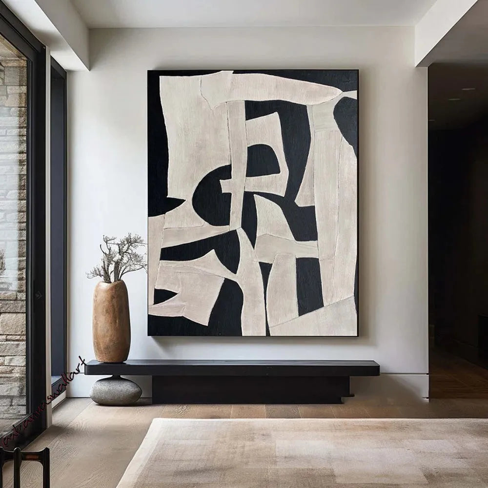 Handmade modern abstract black white textured oil painting on canvas, unstretched and frameless, vertical orientation