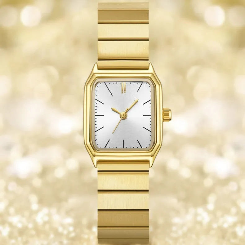 Women's square watch with yellow or white dial, 22mm by 25mm, waterproof with spiral crown and stainless steel clasp