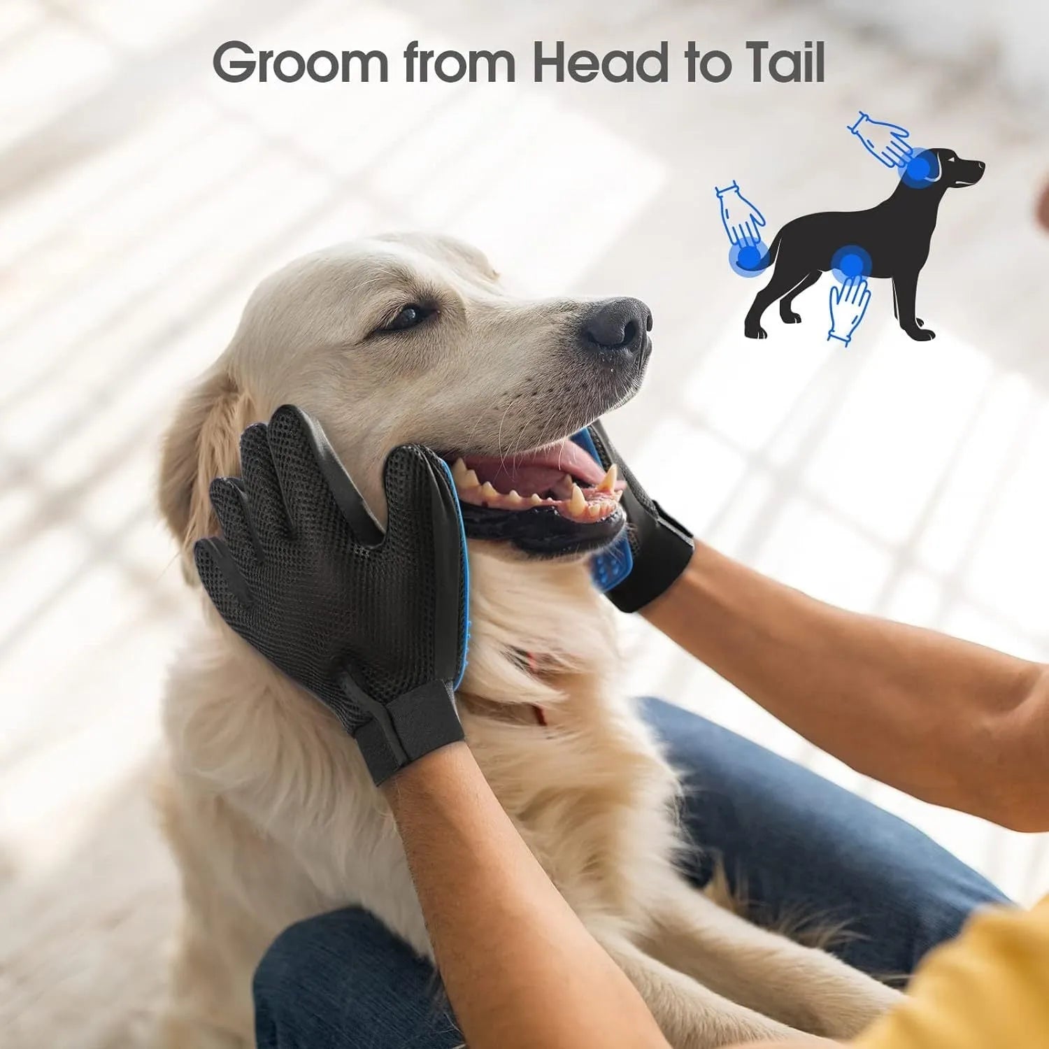 Blue pet grooming glove with silicone tips for shedding removal and gentle massage.