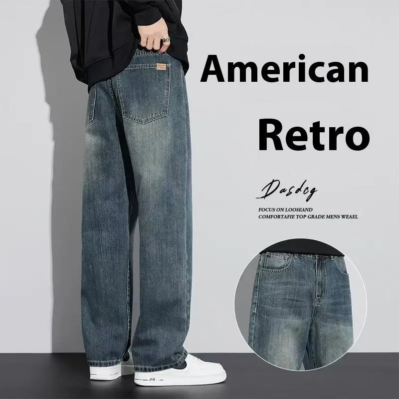 Retro straight-leg jeans for men in light blue cotton denim on a neutral background.