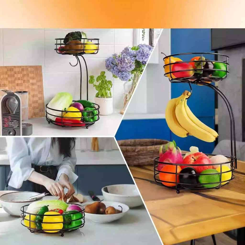 Black wrought iron double-layer fruit basket with two storage tiers.