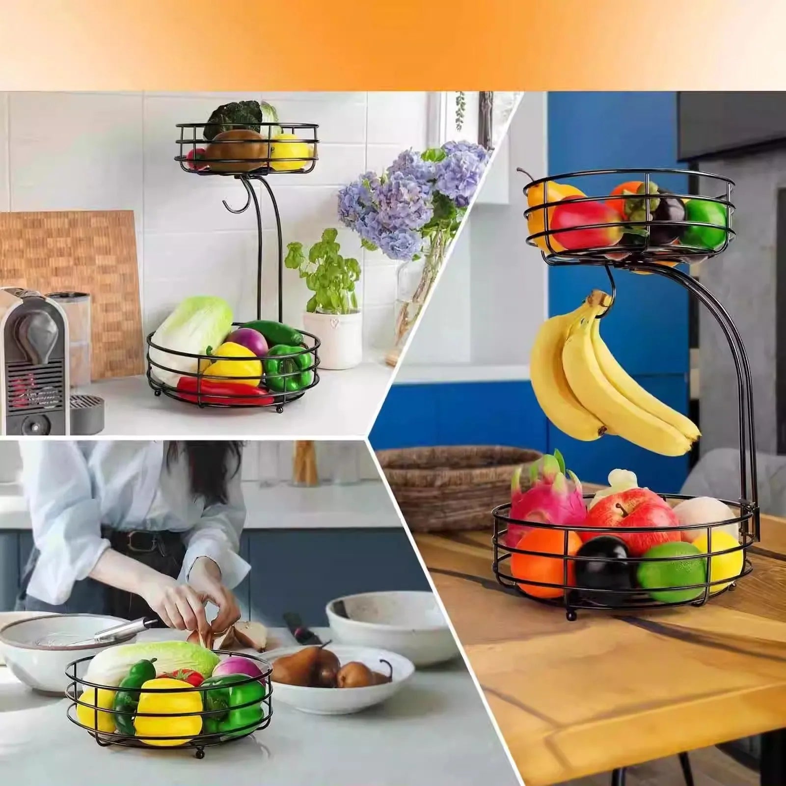 Black wrought iron double-layer fruit basket with two storage tiers.