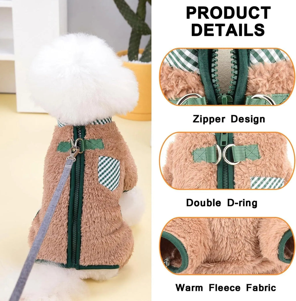 Green plush fleece dog jumpsuit with a back zipper on a small dog