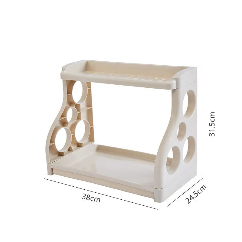 Foldable multi-layer kitchen storage rack in a choice of colours on a countertop.