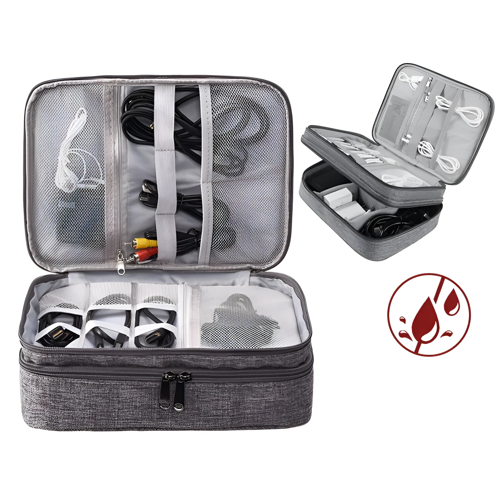 Grey waterproof electronics organiser bag with double-layer interior, handle, and zipper closure