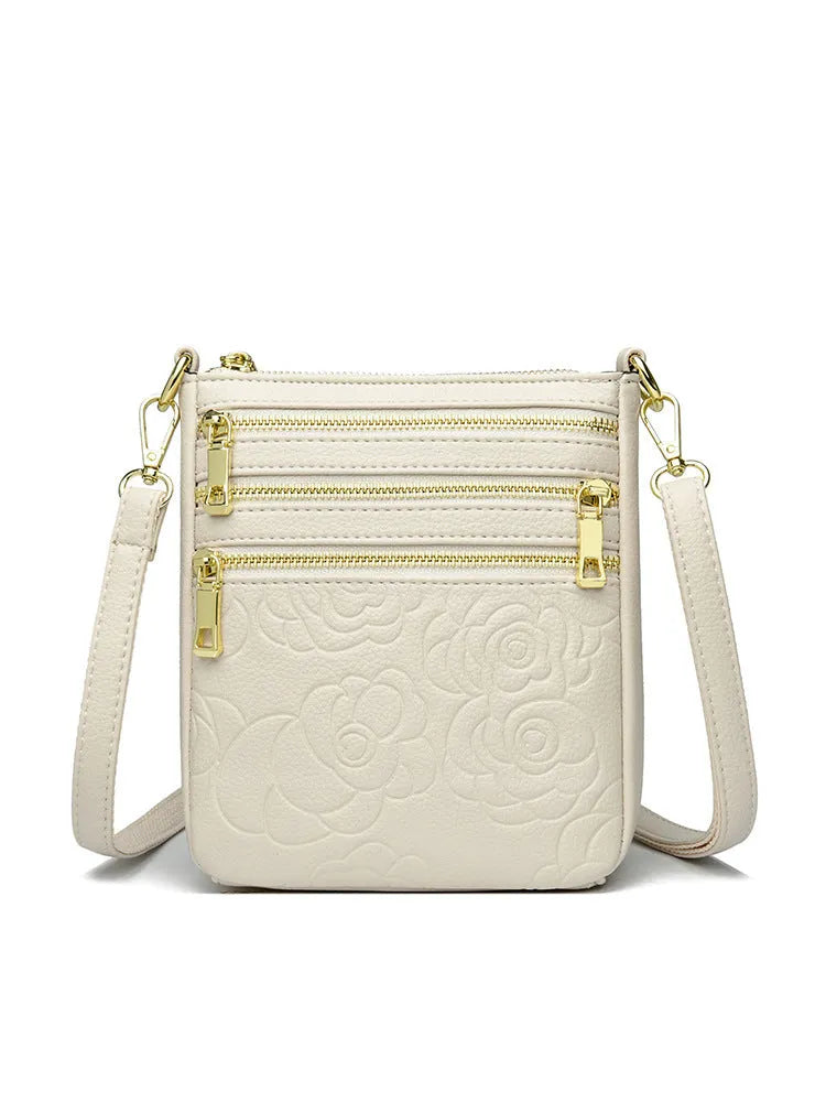 Five-layer mobile phone crossbody bag in beige with embossed PU leather and double shoulder strap