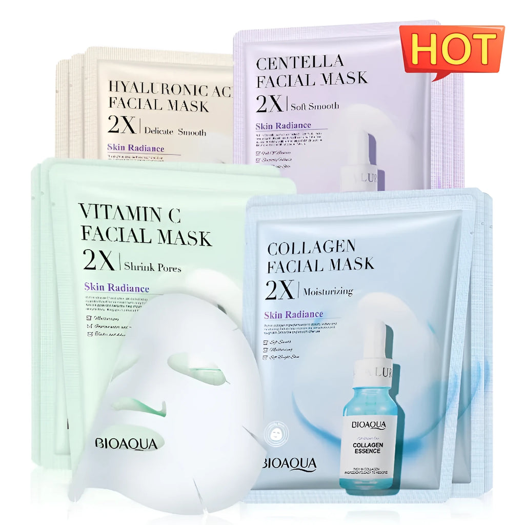 Collagen face sheet mask with 30g gel formula showing hyaluronic acid and Centella Asiatica variants