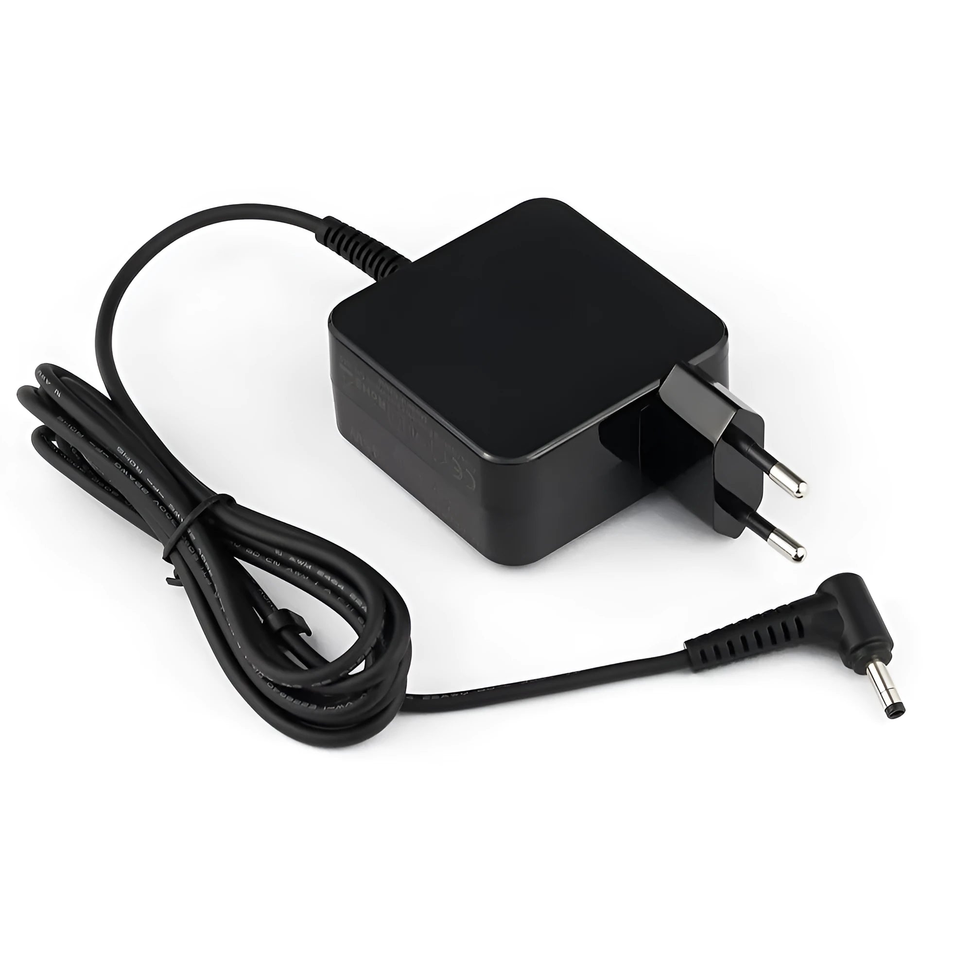 Black Hua 45W laptop adapter with US and EU plug options showing compact dimensions