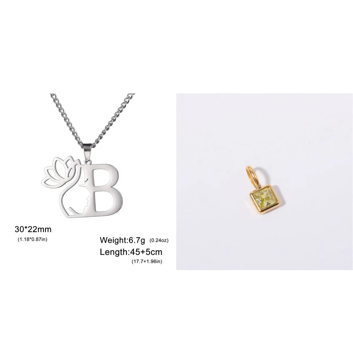 Gold electroplated stainless steel necklace with a cross chain and a letter 'A' pendant on a white background.