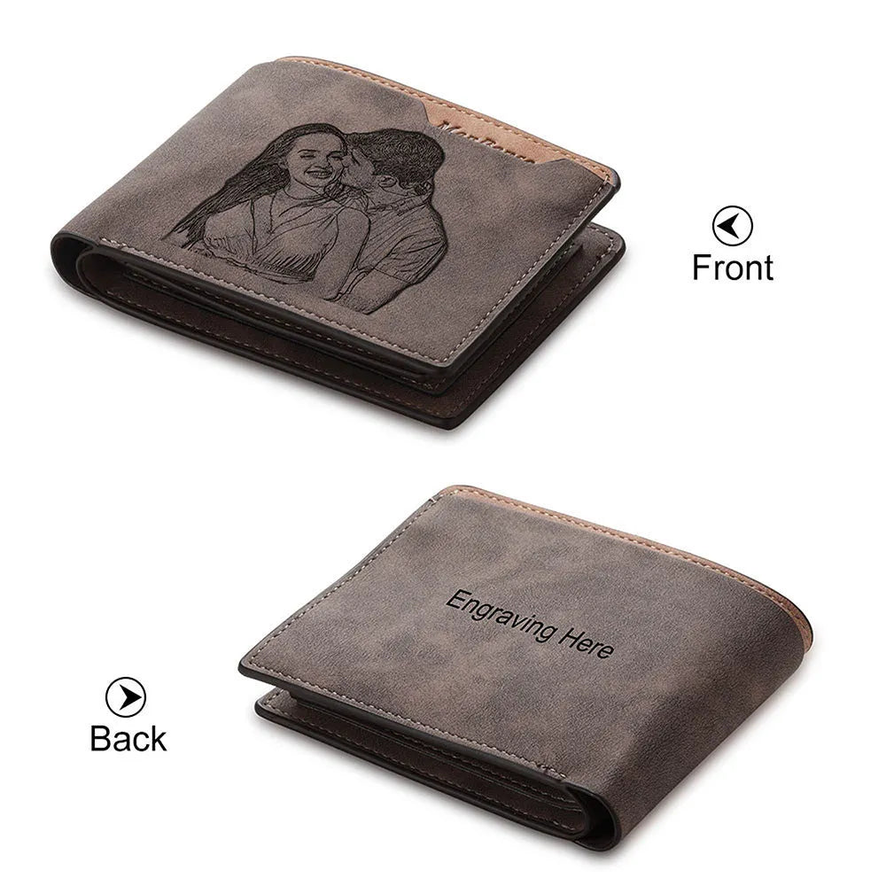 Coffee brown engraved horizontal PU wallet with custom photo personalisation.