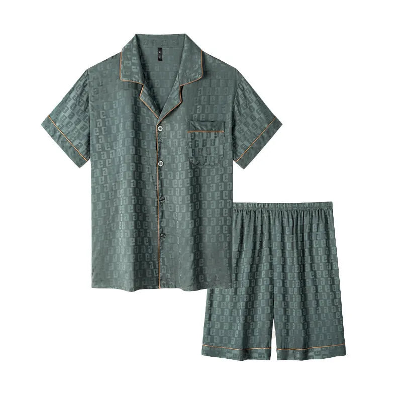 Men's ice silk cardigan pyjama set with shorts in a satin jacquard plaid pattern.