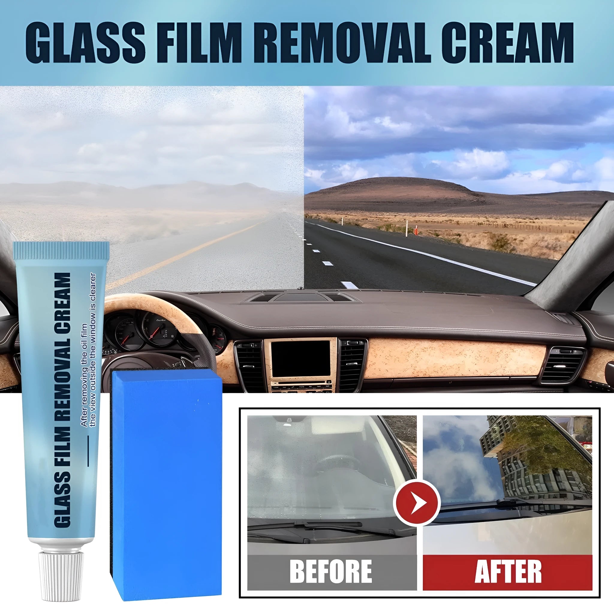 Blue car glass oil film remover with soft sponge applicator for windscreen cleaning