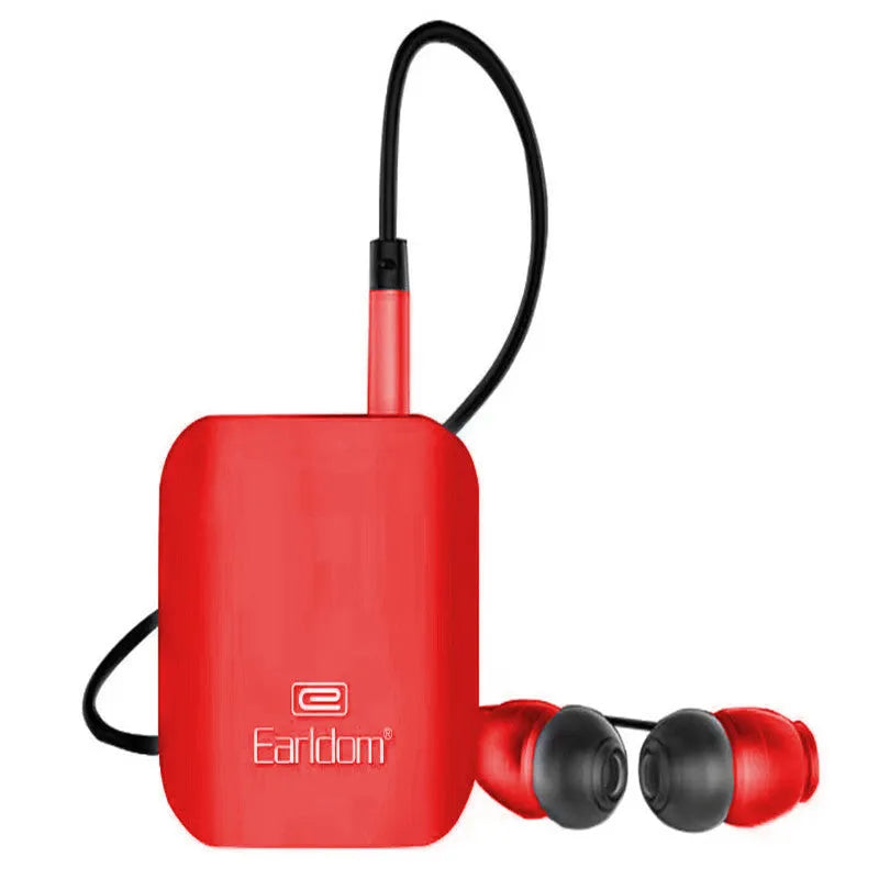 Black Bluetooth lavalier headset with microphone, showing wireless audio receiver unit.