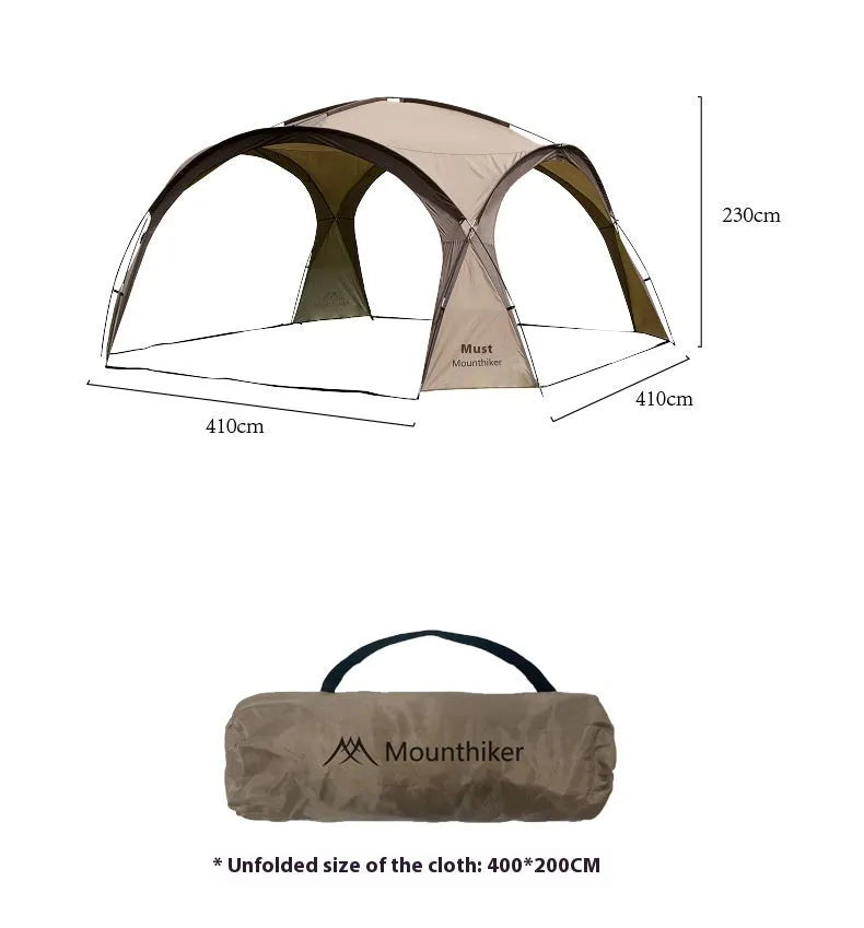 Outdoor dome canopy sunshade with ventilation, dimensions 410 cm by 230 cm, suitable for campsite use.