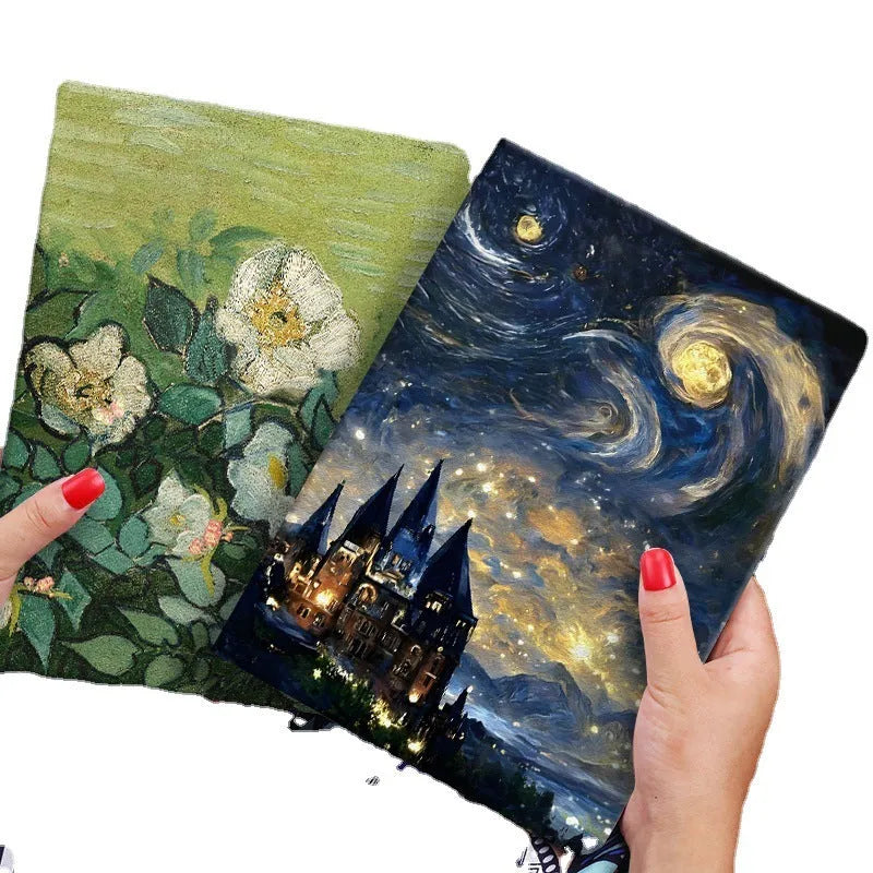 Handmade liquid silicone flip protective case for iPad with a floral design on the cover.