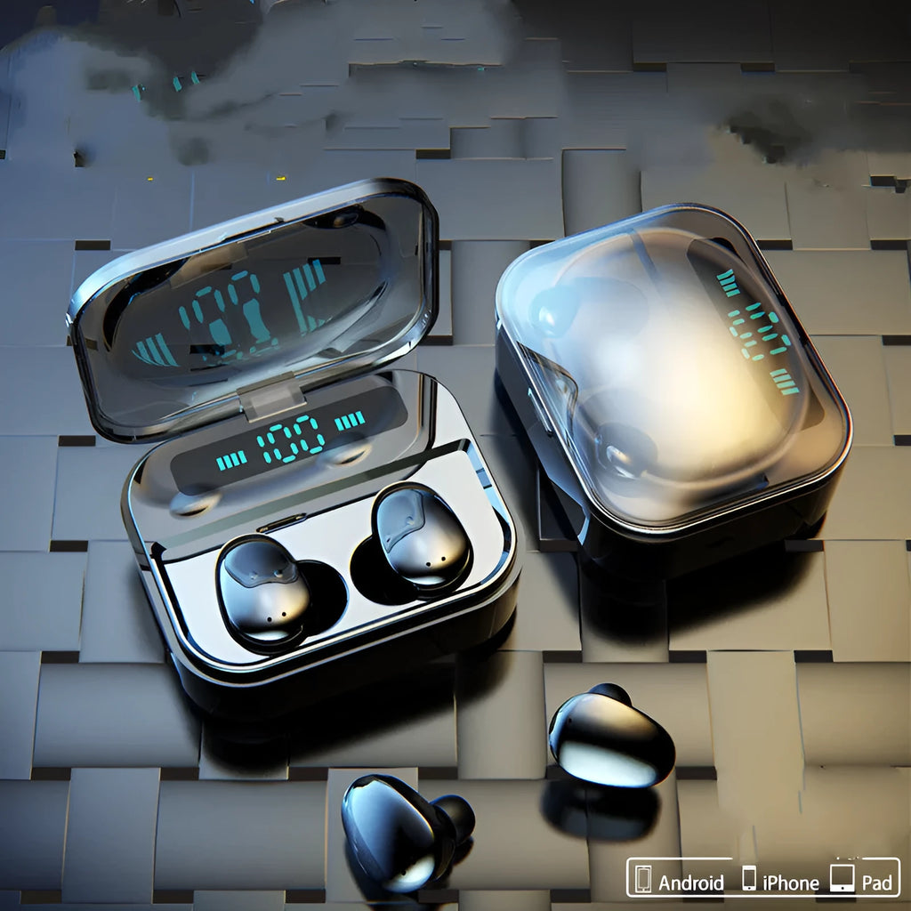 Black and white X7LED sports Bluetooth in-ear headphones with USB charging case