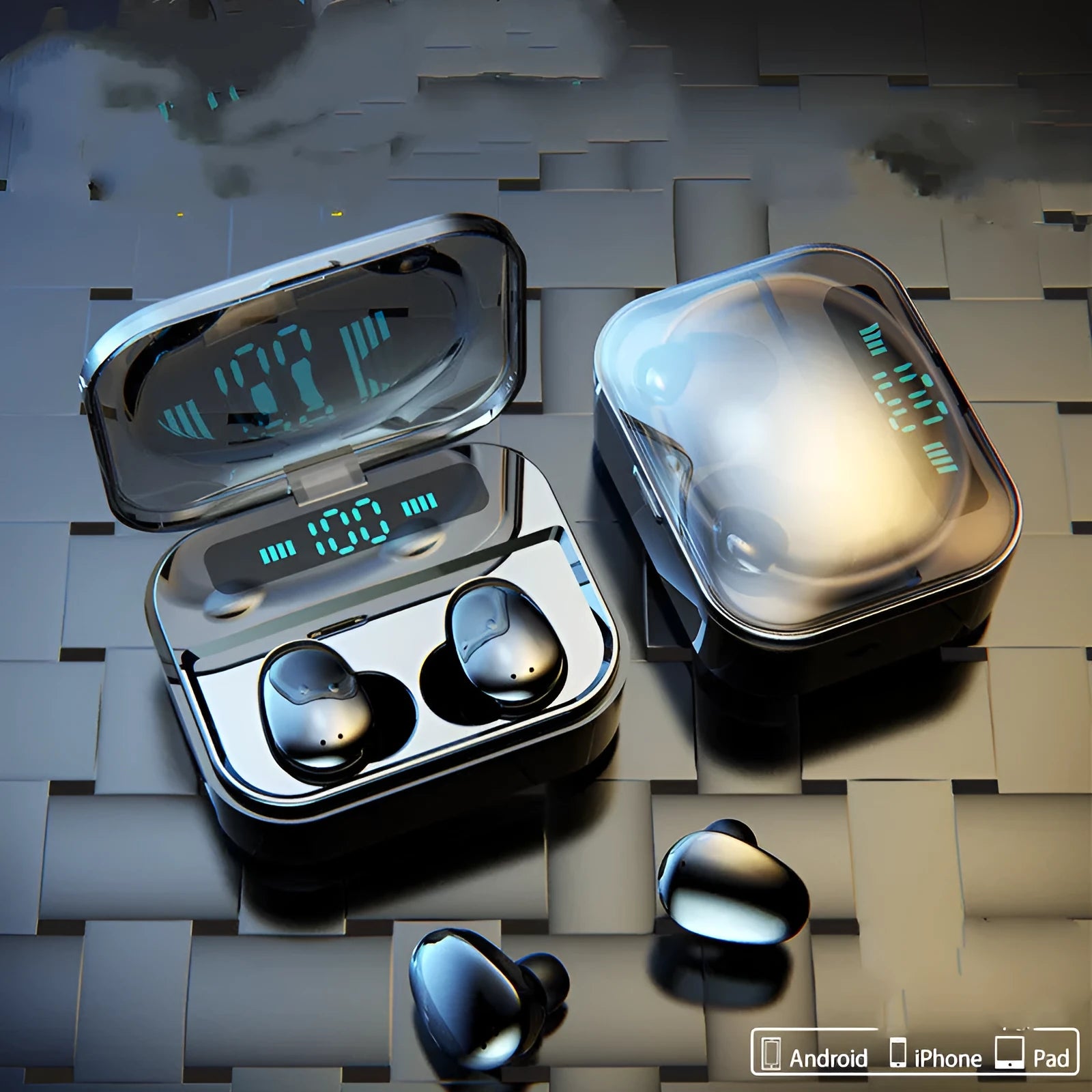 Black and white X7LED sports Bluetooth in-ear headphones with USB charging case