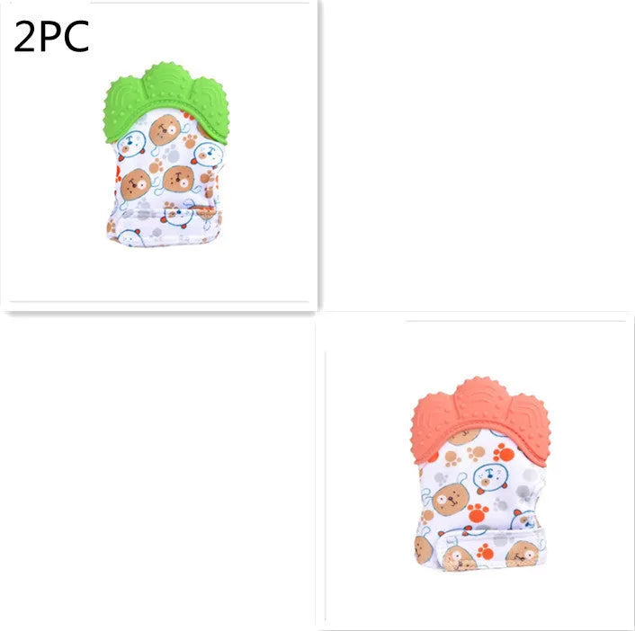 BPA-free silicone baby teether glove fastened with a white Velcro strap on a baby's hand