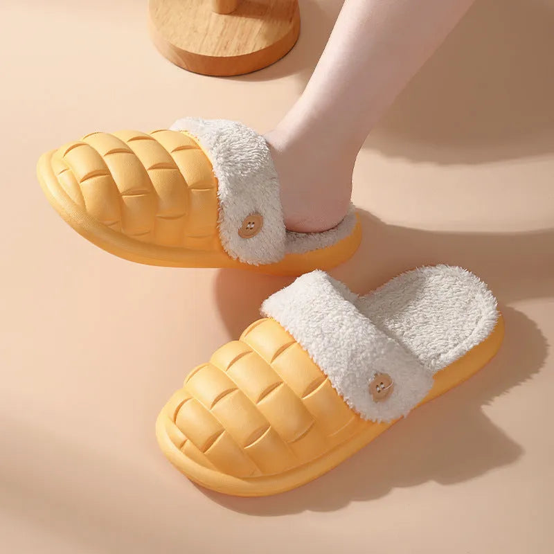 Women's pink detachable plush EVA winter house slippers with non-slip sole shown from the side.