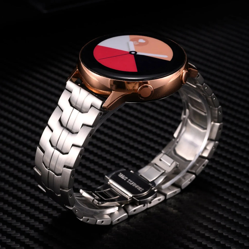 Stainless steel watch band for Samsung Galaxy Watch in silver, shown in 20mm universal size.