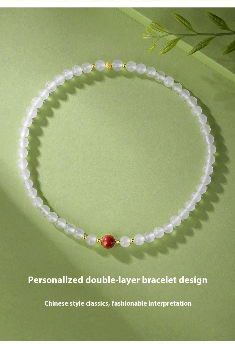 Women's double layer white agate bracelet with 6mm polished beads in geometric national style