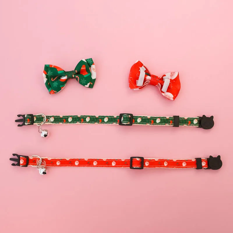 Christmas pet collar with bow tie, bell, and adjustable strap featuring Santa Claus and tree patterns