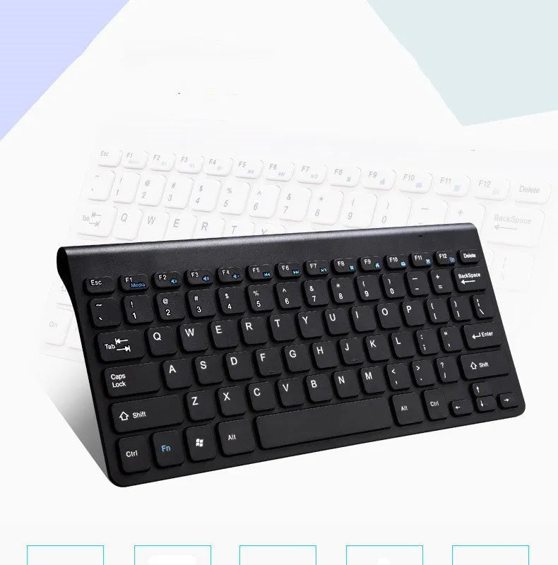 Black and white wireless keyboard and mouse set showing 78-key layout and 4-button mouse.