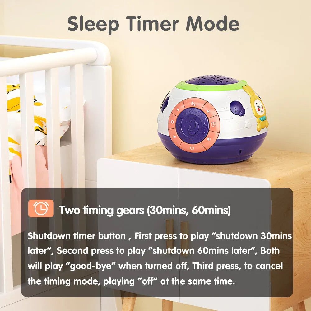 White plastic starry sky night light projector for children on a table.