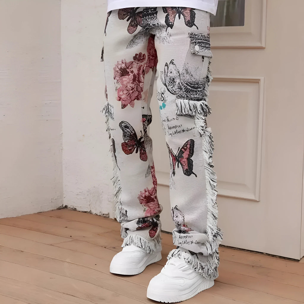 Men's slim fit animal digital printed denim trousers in cotton, mid waist, zip fly, blue tone