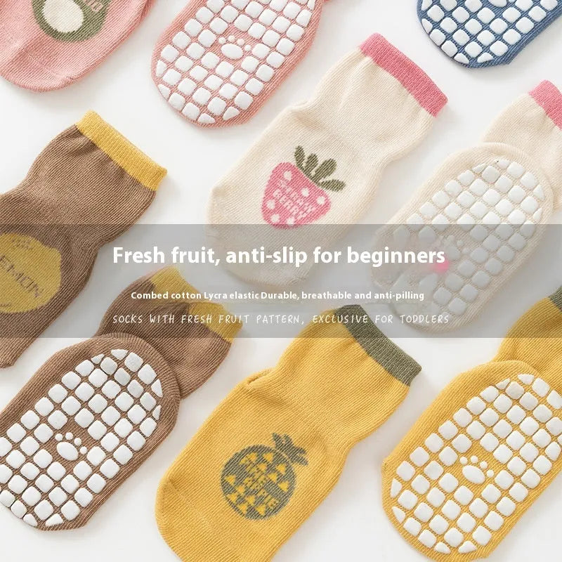 Combed cotton cartoon fruit print mid-calf socks in pink avocado colour on neutral background