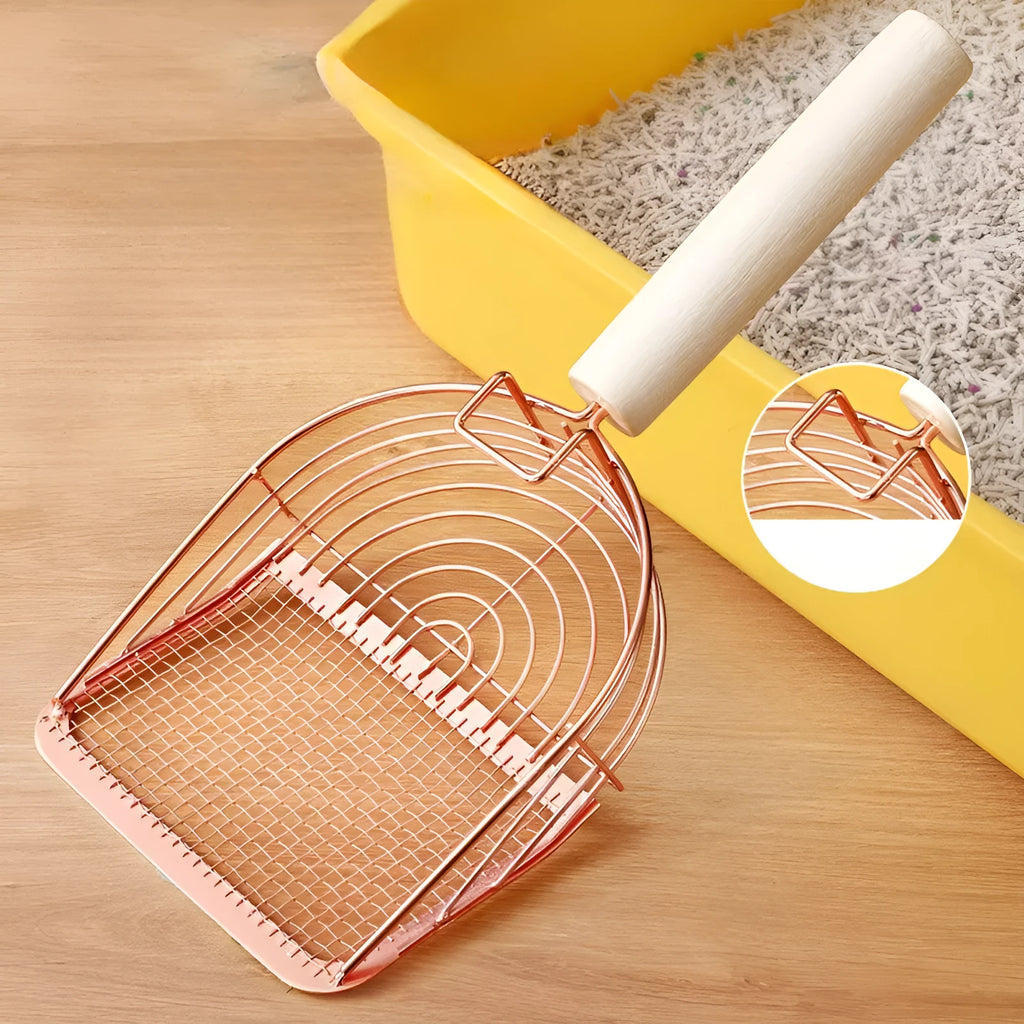 Stainless steel cat litter shovel with wooden handle in three design options