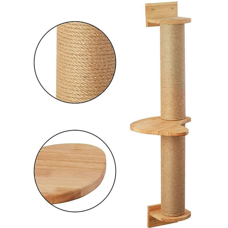 Khaki coloured wooden cat climbing frame mounted on wall with hanging jumping platform