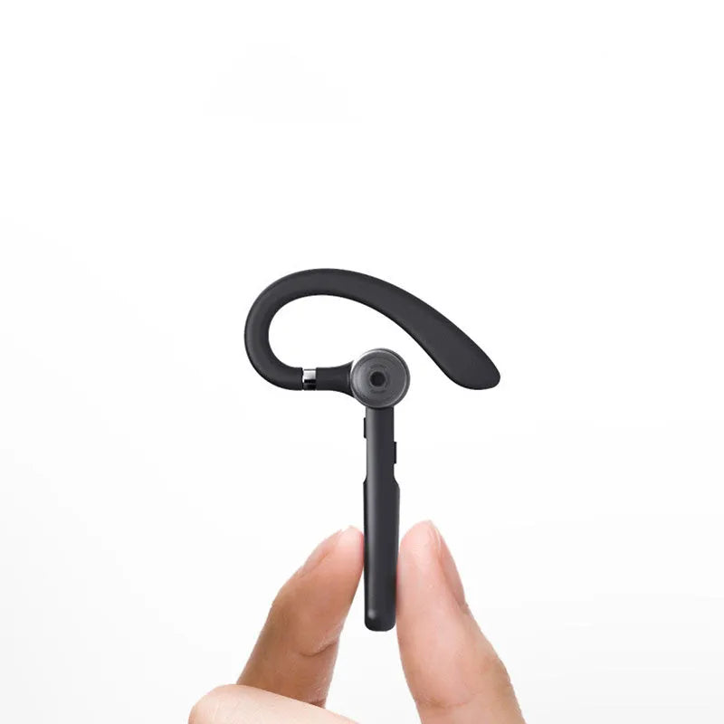 Black mono Bluetooth headset with an ear hook, showing its single earpiece design.